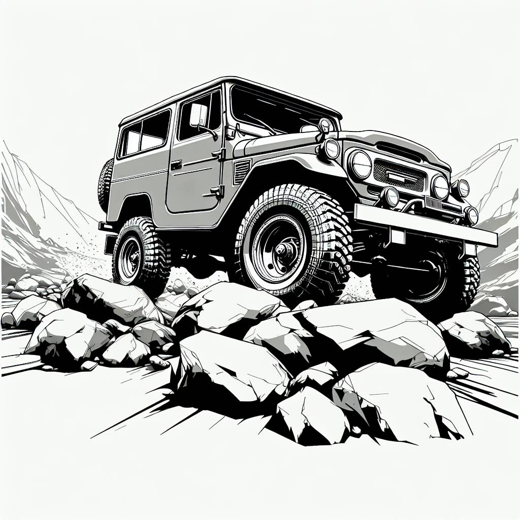 an offroad truck driving over big rocks / Coloring Page / Learning Corner